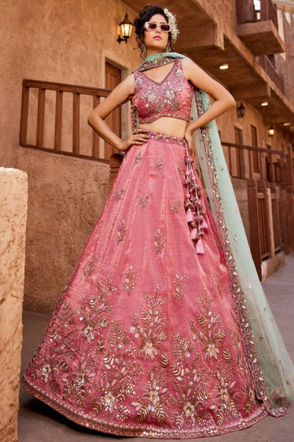 Pakistani Designe Pink Color Coding & Embroidery Work For Nikah Wear Lehenga Choli With Net Fabric Dupatta