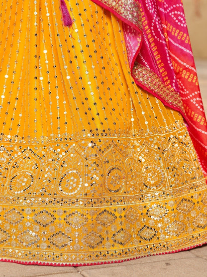 Real Georgette Yellow Color Multi Embroidery Work Ready To Wear Lehenga With Dupatta