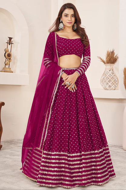 Dark Pink Color Bridal Look Embroidery Sequins work Designer Lehenga With Net Dupatta
