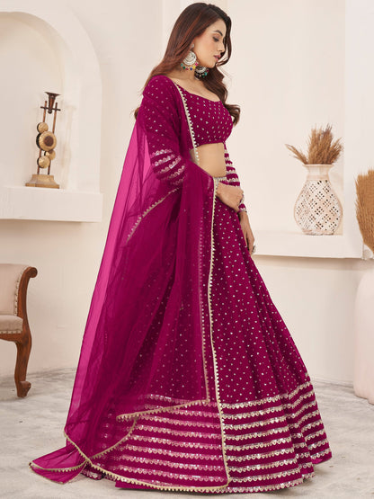 Dark Pink Color Bridal Look Embroidery Sequins work Designer Lehenga With Net Dupatta