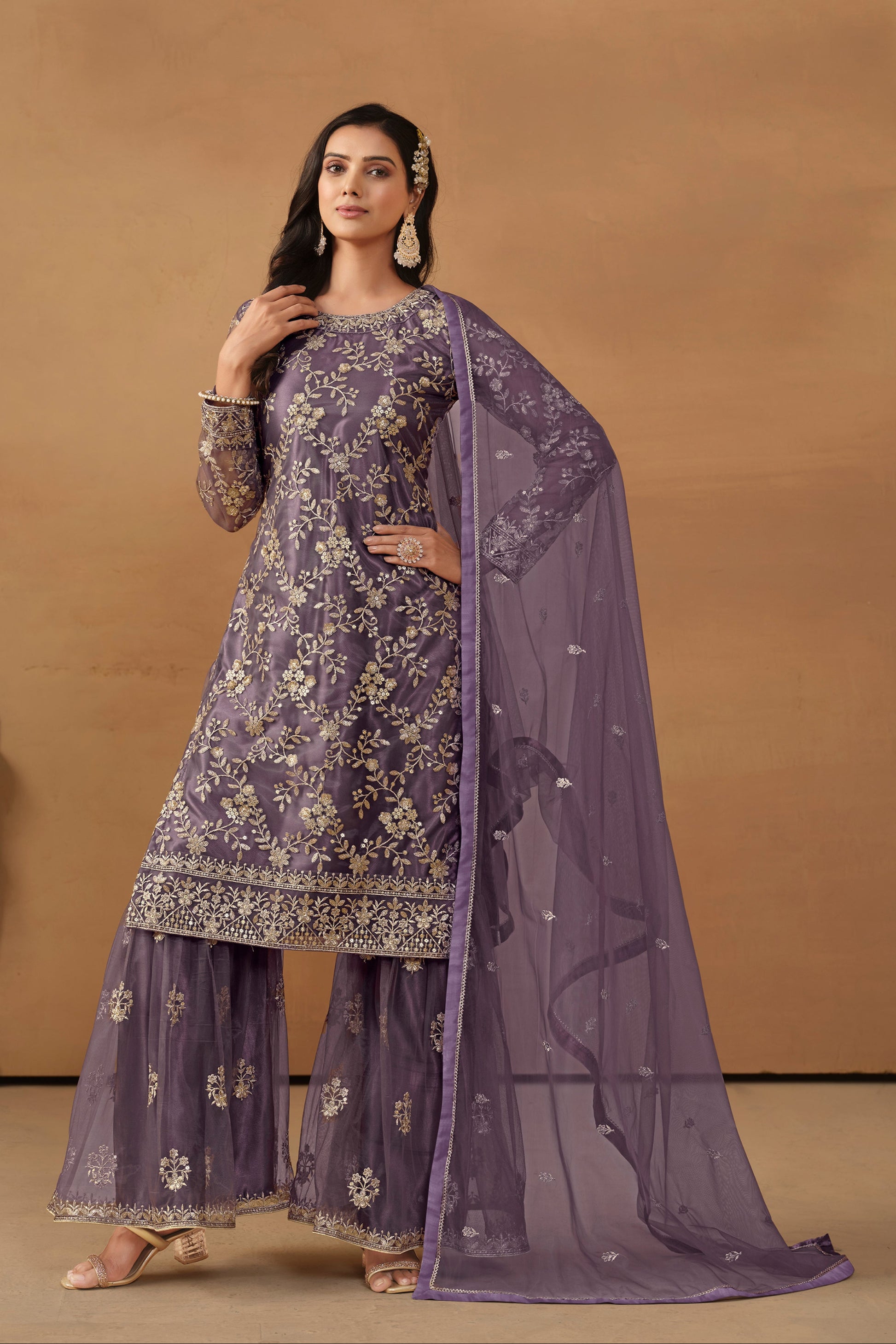 Purple Sequin Work Sharara - Traditional South Asian Bridal Party Wear
