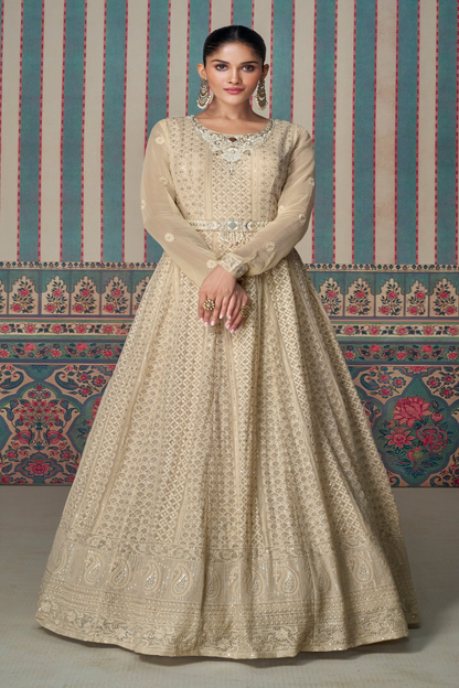 Cream Anarkali Dress With Chikankari Embroidery Work Gown 