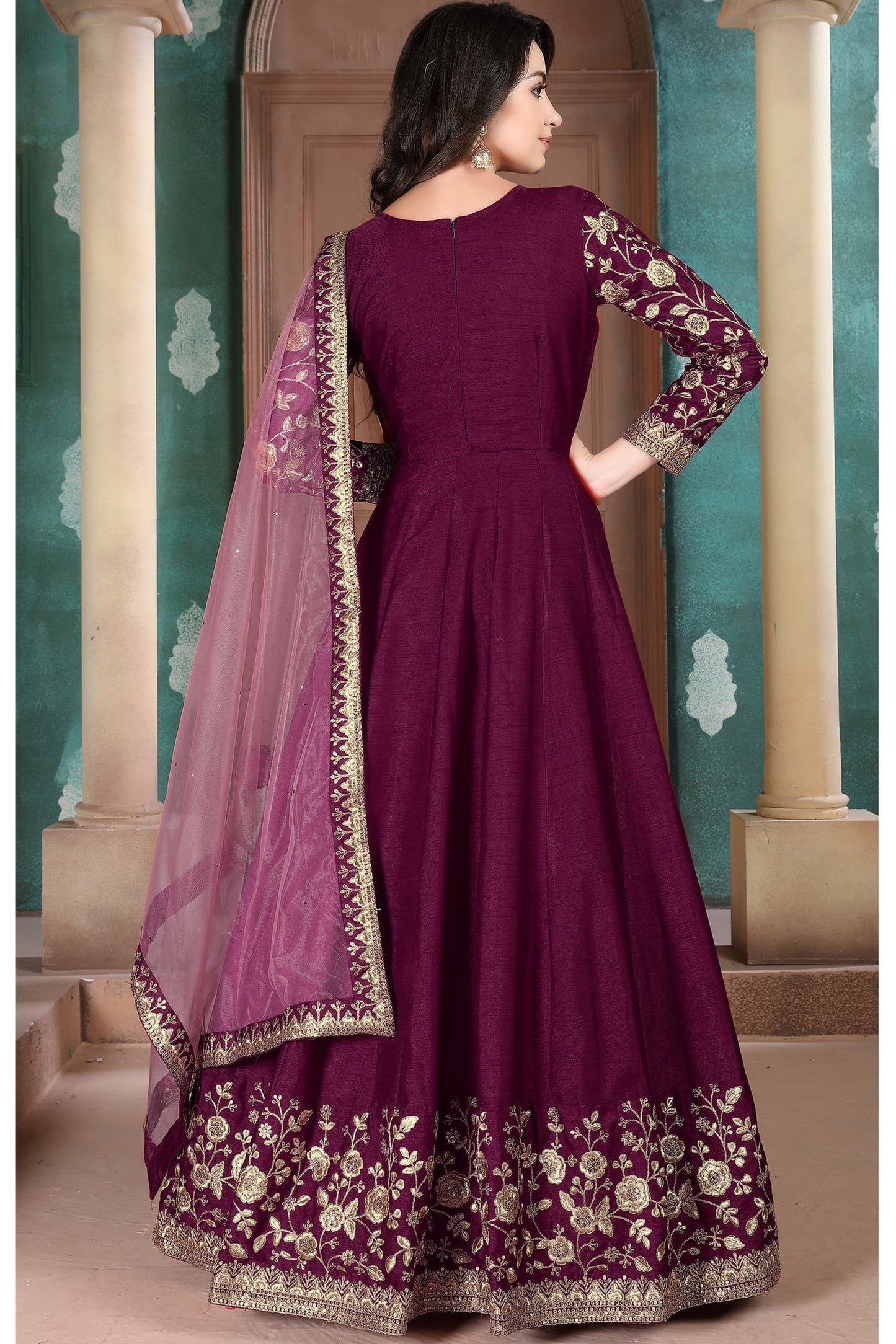 Beautiful Wine Color Stylish Anarkali Party Wear Dupatta Gown Dresses