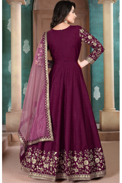 Beautiful Wine Color Stylish Anarkali Party Wear Dupatta Gown Dresses