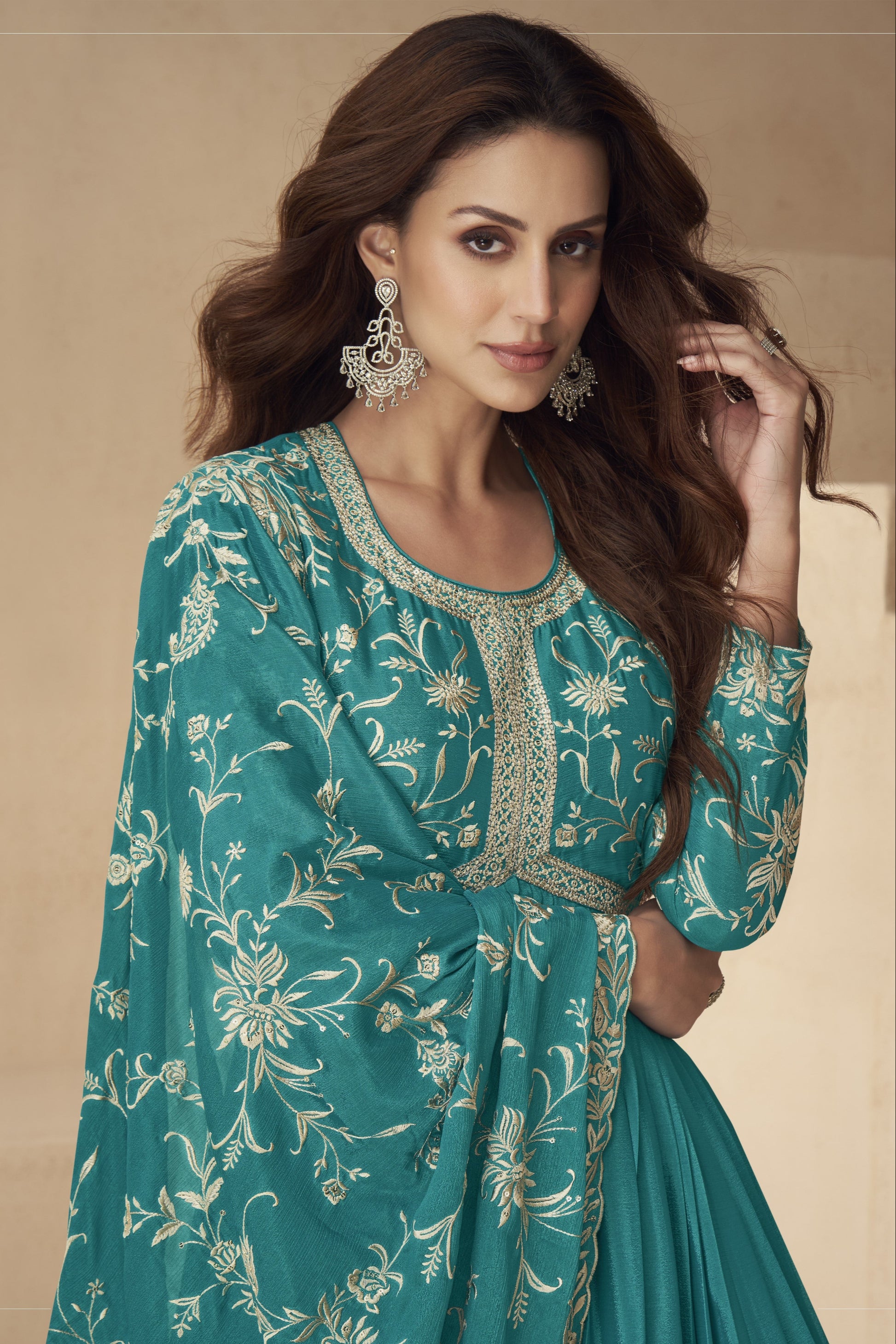 Stunning teal blue gown with a rich and elegant look, perfect for receptions, evening parties, and festive occasions.
