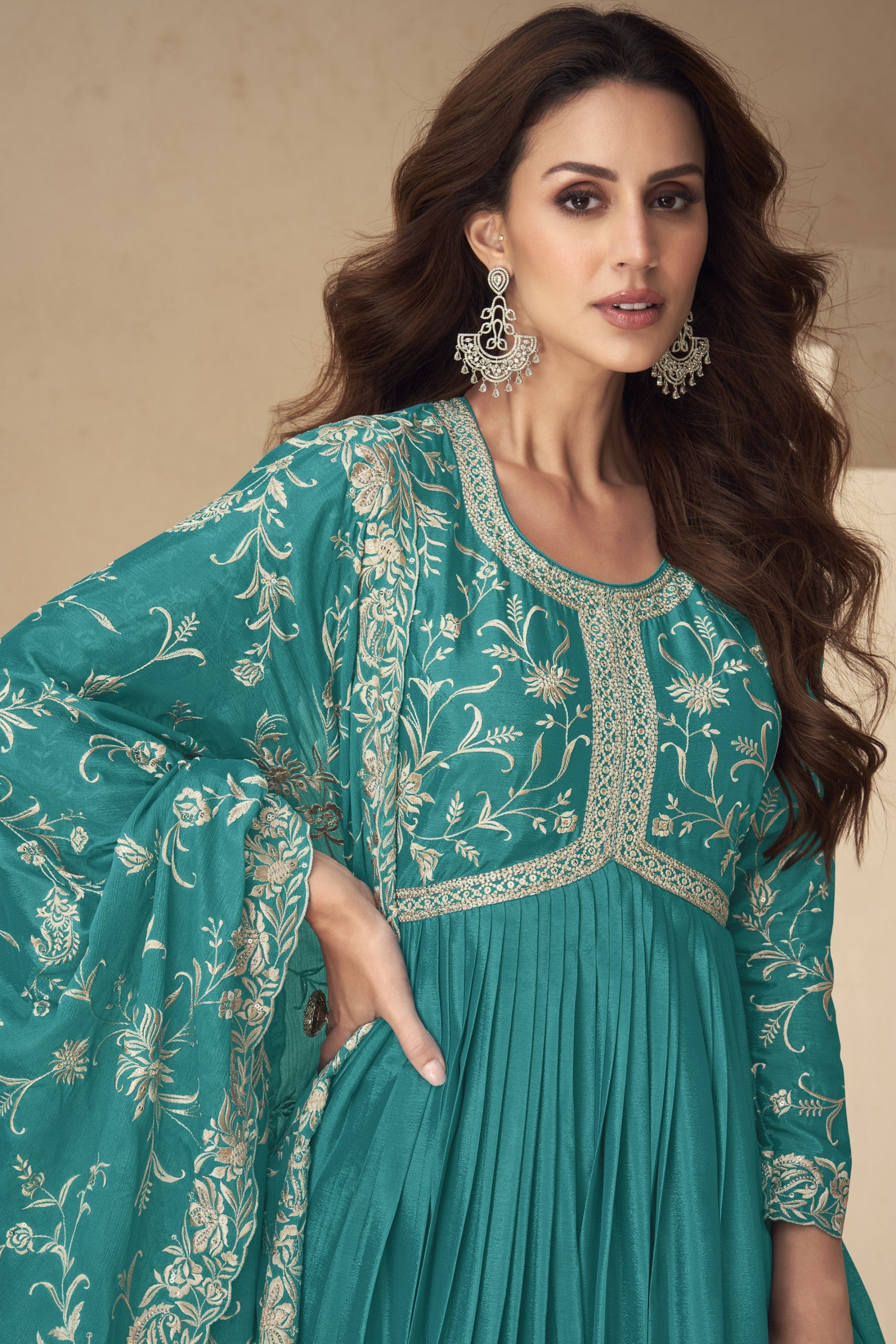 Stunning teal blue gown with a rich and elegant look, perfect for receptions, evening parties, and festive occasions.
