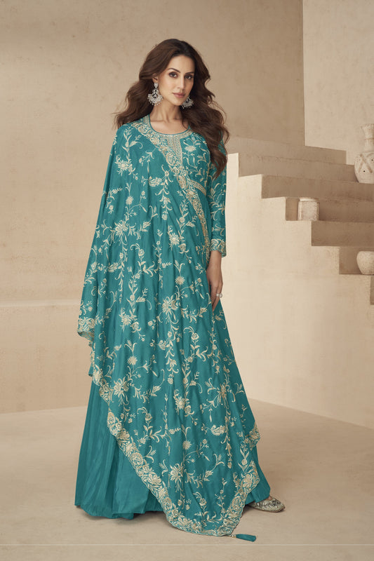 Stunning teal blue gown with a rich and elegant look, perfect for receptions, evening parties, and festive occasions.
