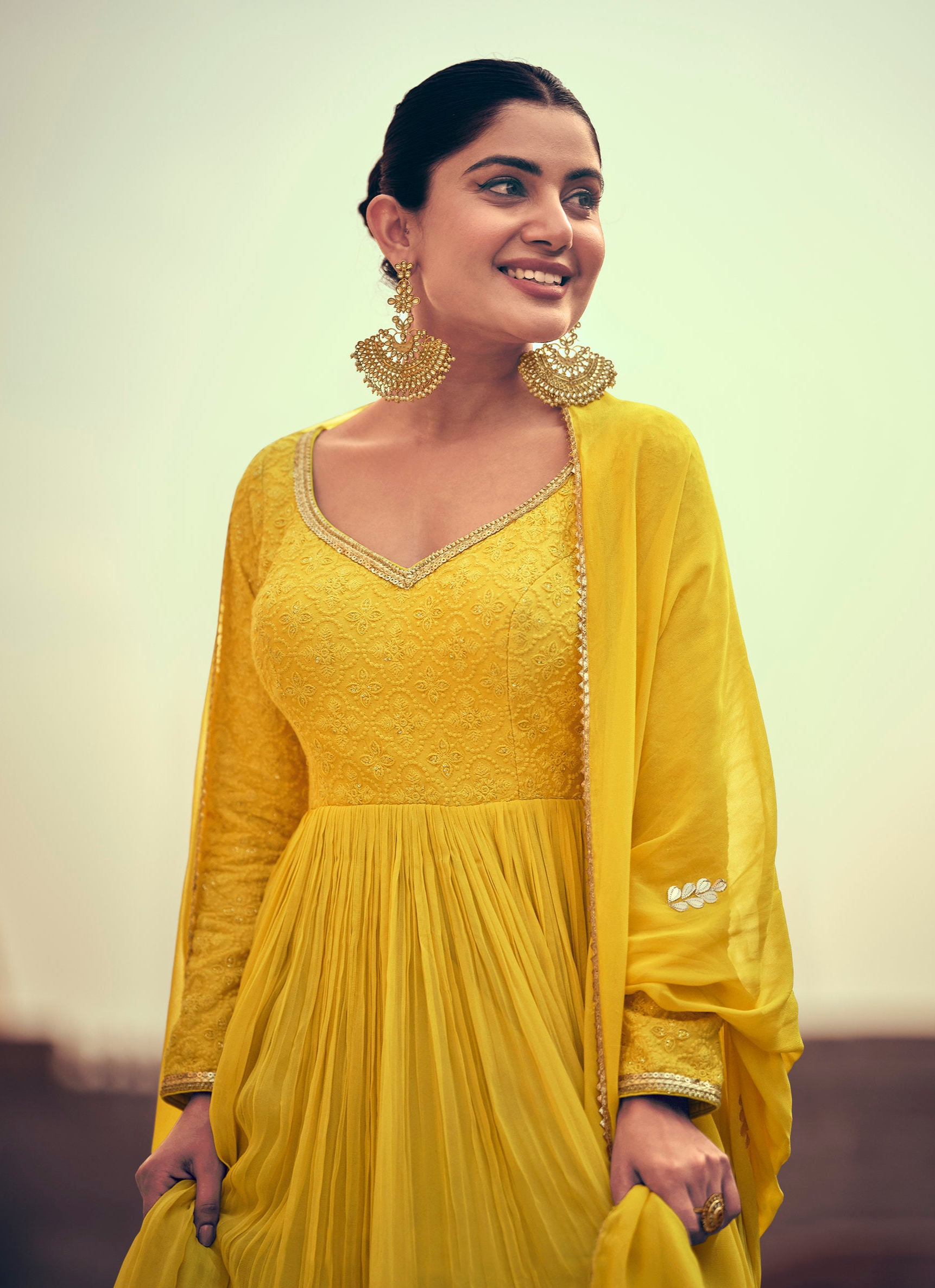 Yellow Anarkali Dress Embroidered Worked Full-Length Chinon Silk Gown