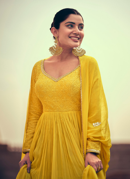 Yellow Anarkali Dress Embroidered Worked Full-Length Chinon Silk Gown