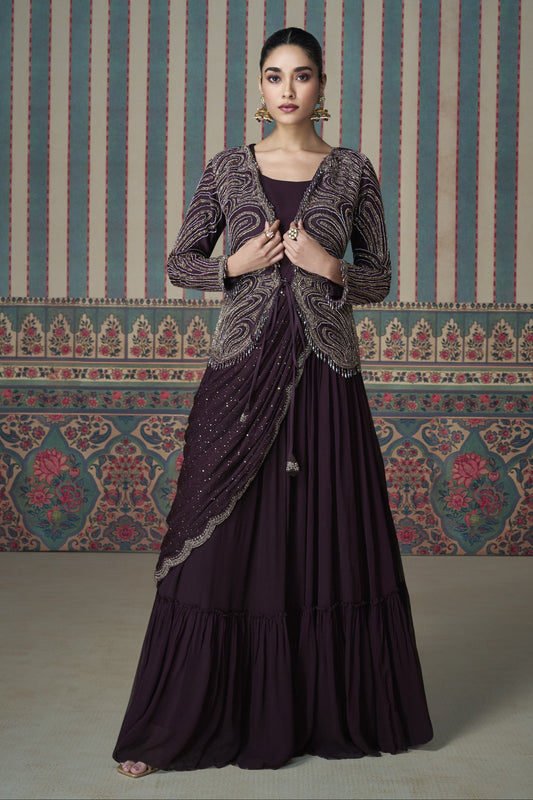 Wine Anarkali gown in Chinon silk with embroidery work, exuding rich elegance perfect for weddings and festive occasions.
