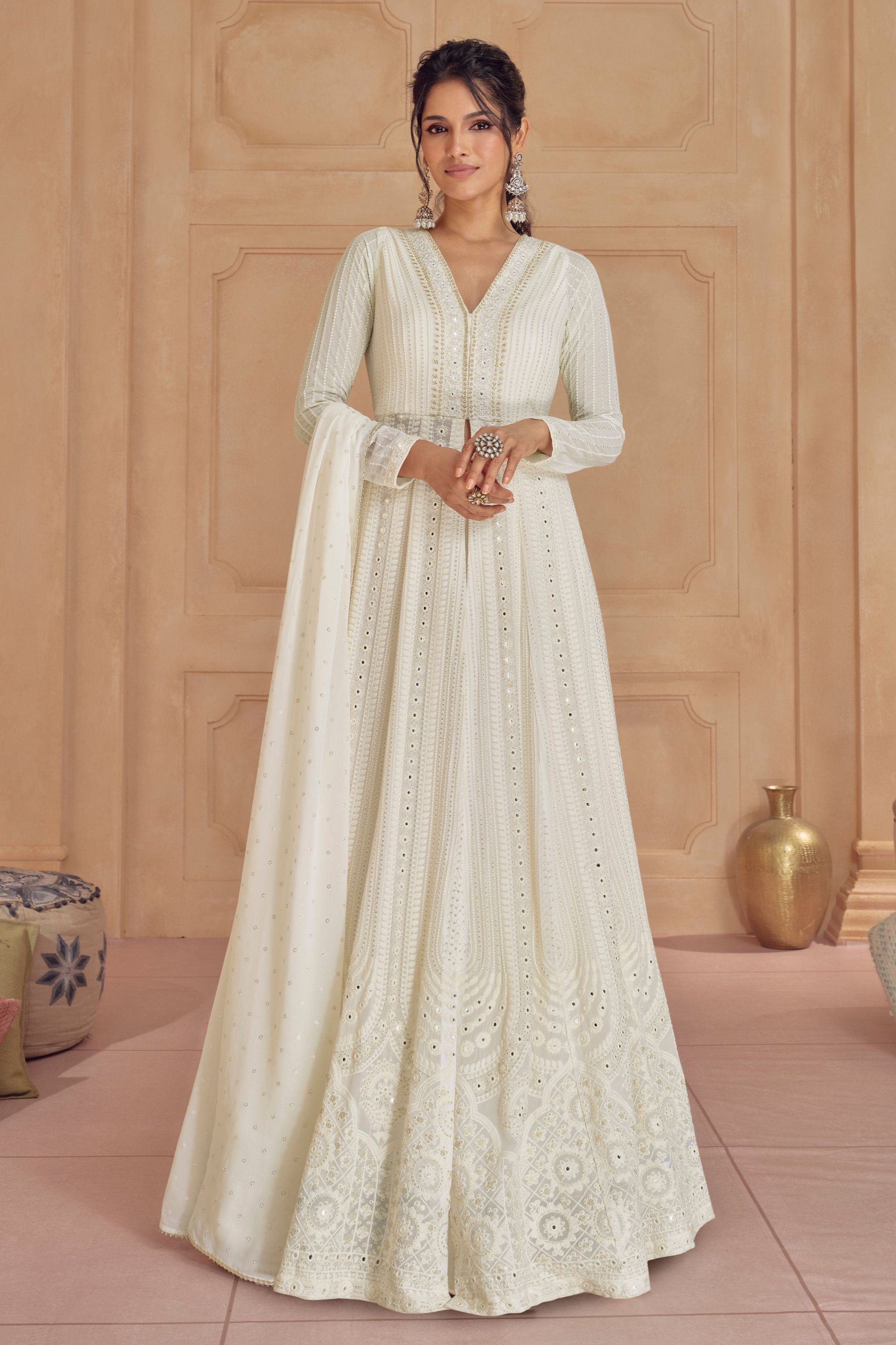 White Real Georgette Anarkali Plazzo Suits For Eid-Ramadan Special Gown