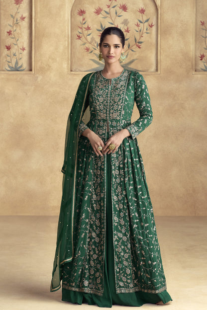 Dark green Anarkali gown with a regal and elegant look, perfect for mehndi functions, evening parties, and traditional celebrations.
