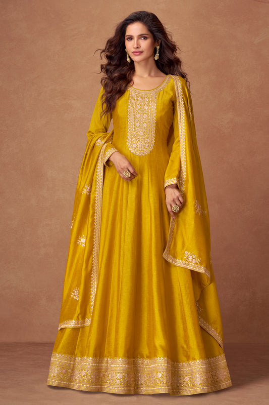 Yellow color Anarkali gown radiates warmth and charm, ideal for Haldi functions, daytime events, and festive occasions.
