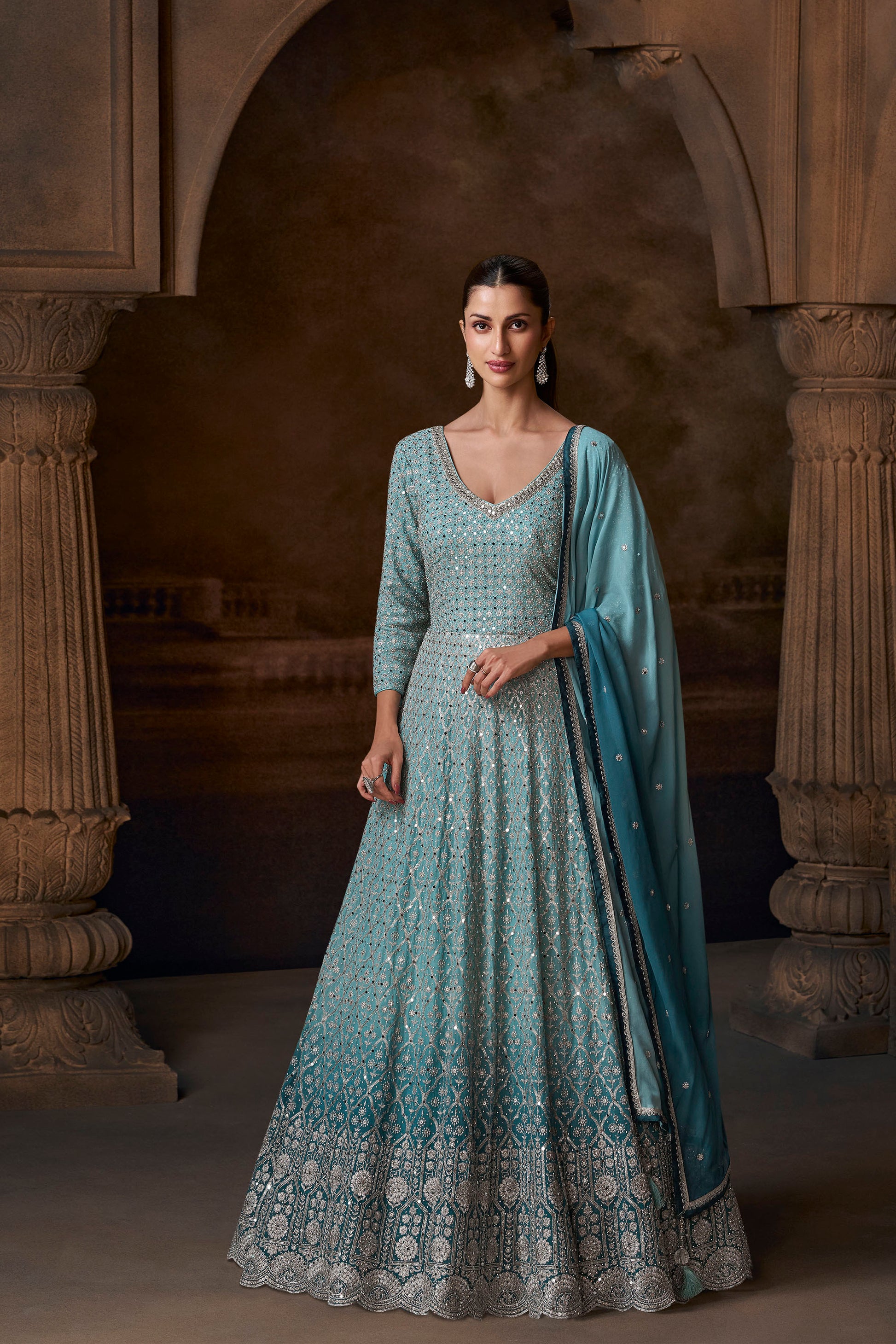Heavy Embroidery Ready-Made Real Georgette Blue Beautiful Party Wear Anarkali Gown Suits 