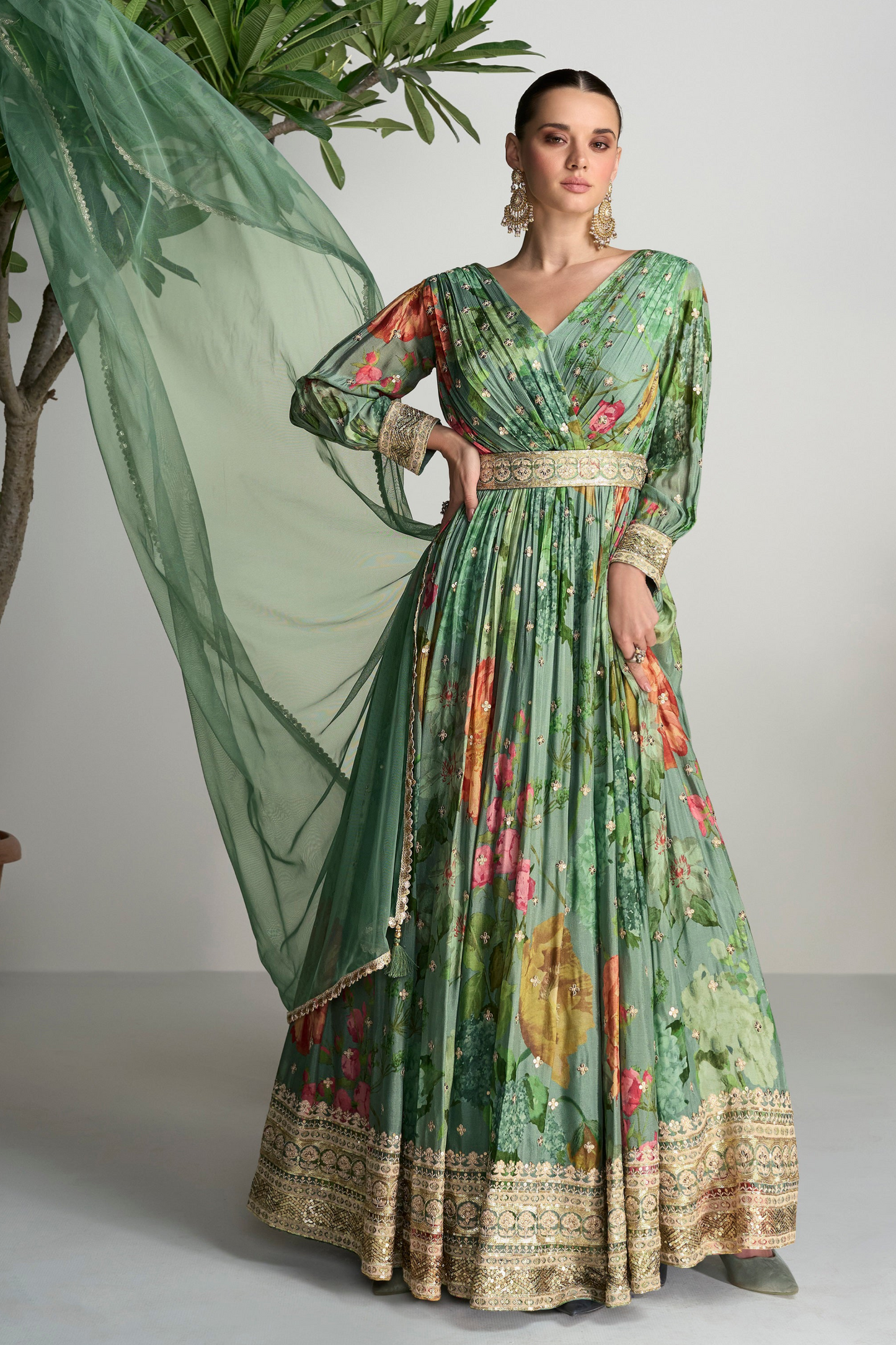 Stylish Stitched Long Chinon Silk Green Anarkali Dress With Dupatta For Party Wear 