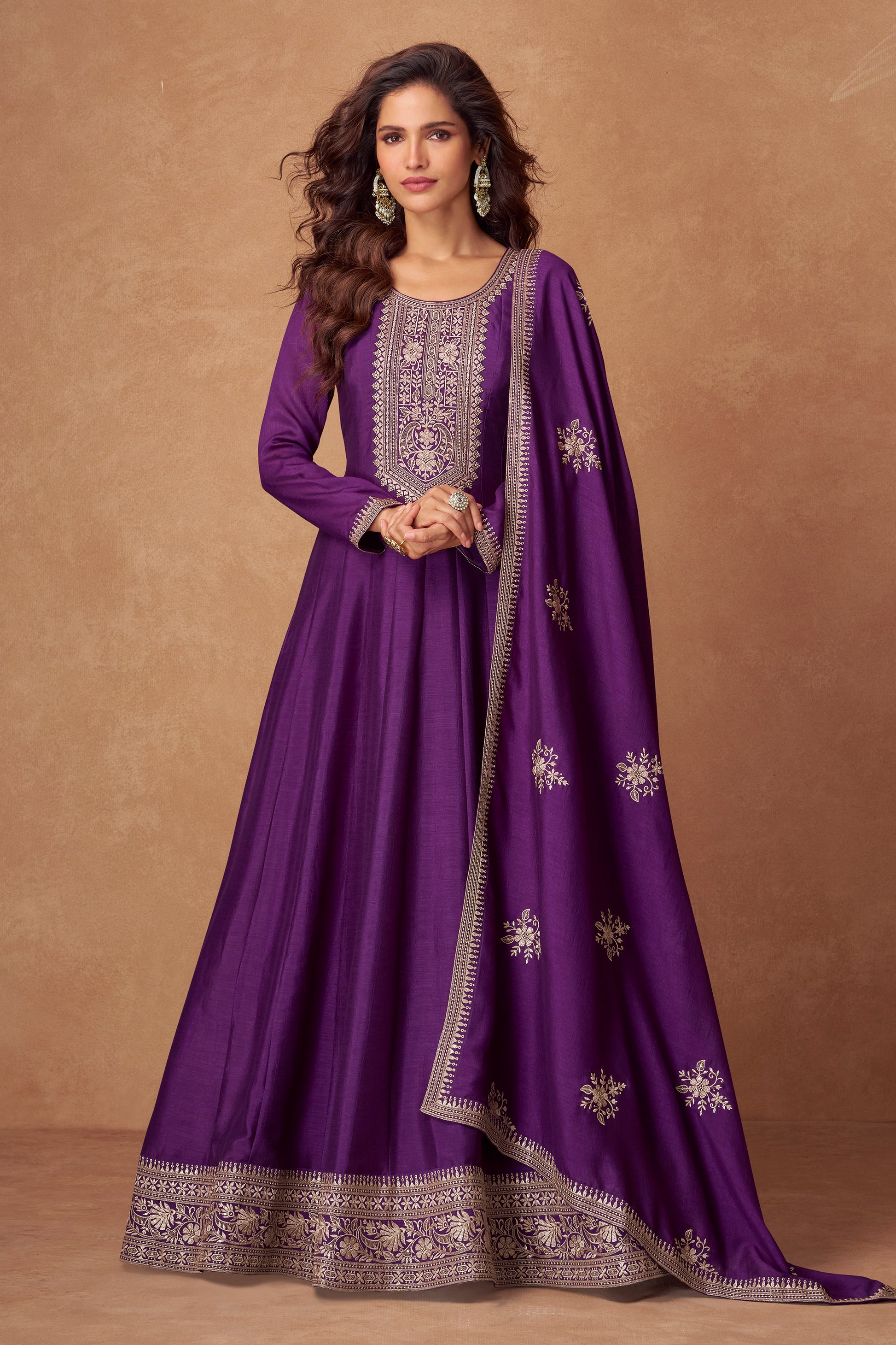 Purple color Anarkali gown exudes royal elegance and grace, making it a perfect choice for weddings, festive events, and grand celebrations.

