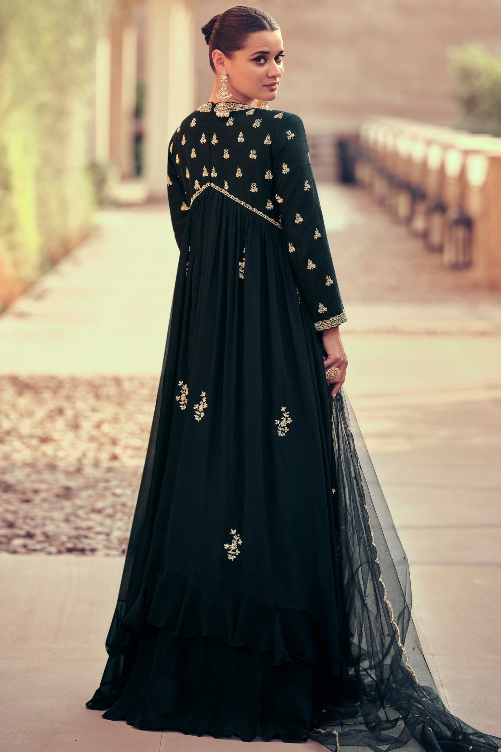 Designer Anarkali Gown Wedding Long Chinon Silk With Dupatta Dreeses