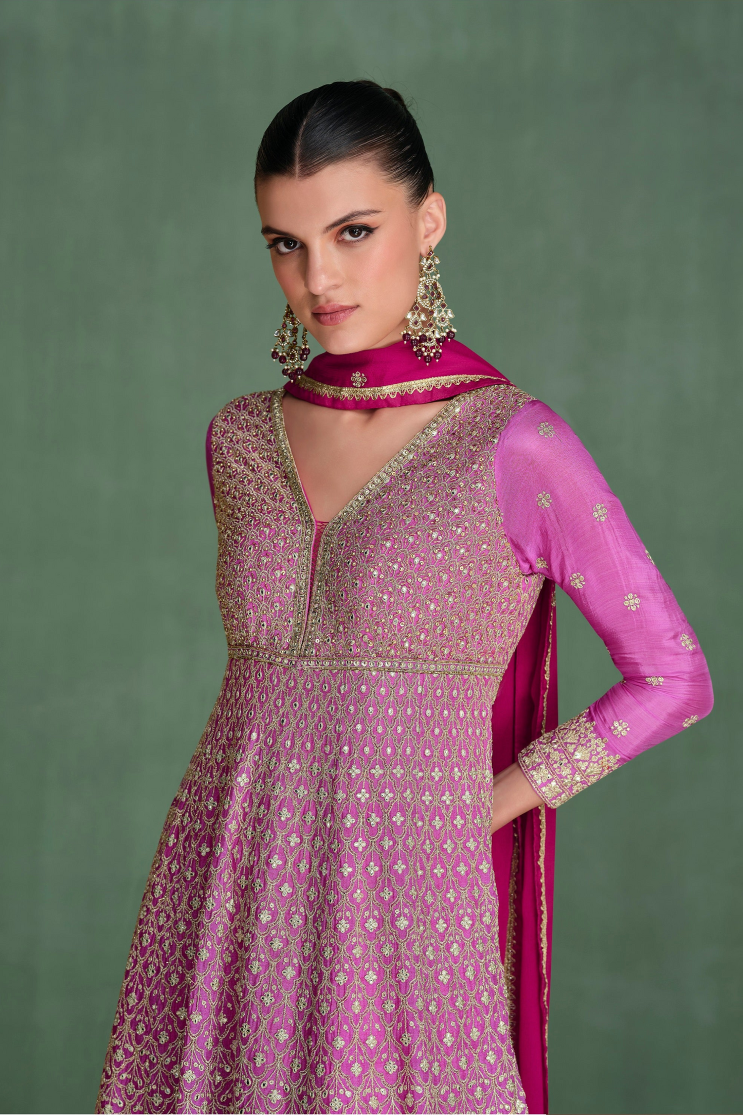 Real Georgette Pink Anarkali Gown With Embroidered Dupatta Suit for Wedding Wear