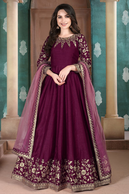 Beautiful Wine Color Stylish Anarkali Party Wear Dupatta Gown Dresses