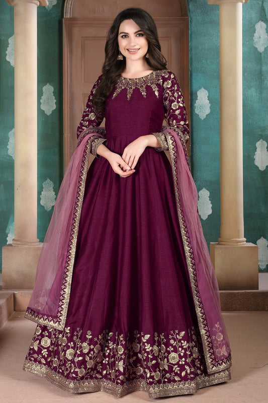 Beautiful Wine Color Stylish Anarkali Party Wear Dupatta Gown Dresses