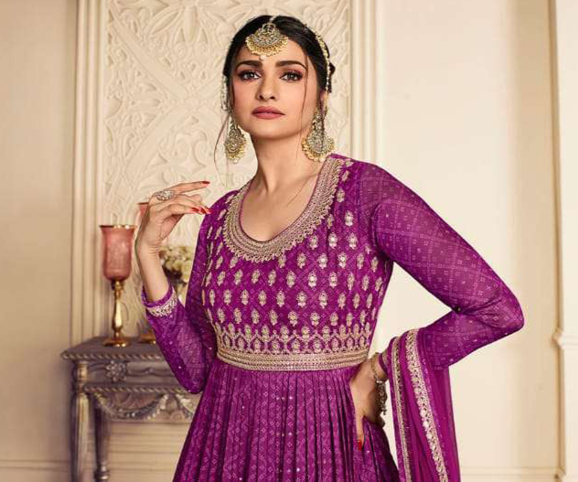 New Indian Designer Purple Anarkali Gown with Heavy Dupatta
