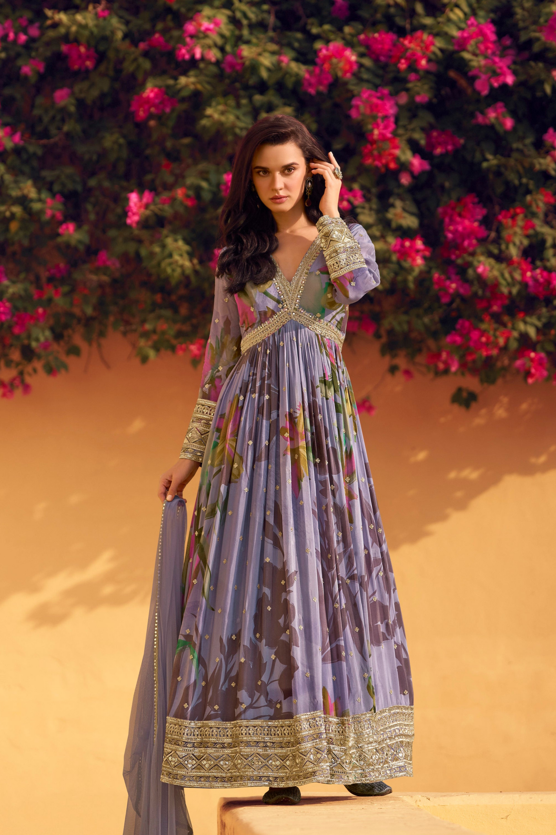 Elegant Purple Stylish Beautiful Anarkali Gown with Chinon Dupatta for Festivals