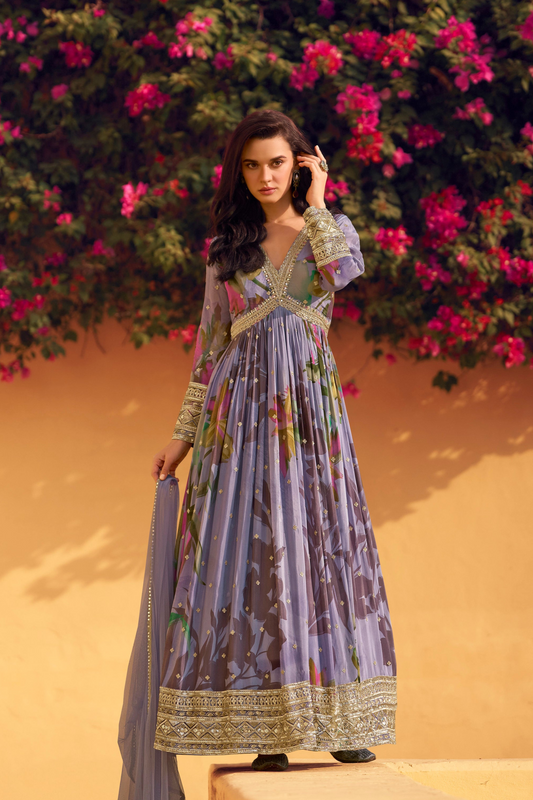 Elegant Purple Stylish Beautiful Anarkali Gown with Chinon Dupatta for Festivals