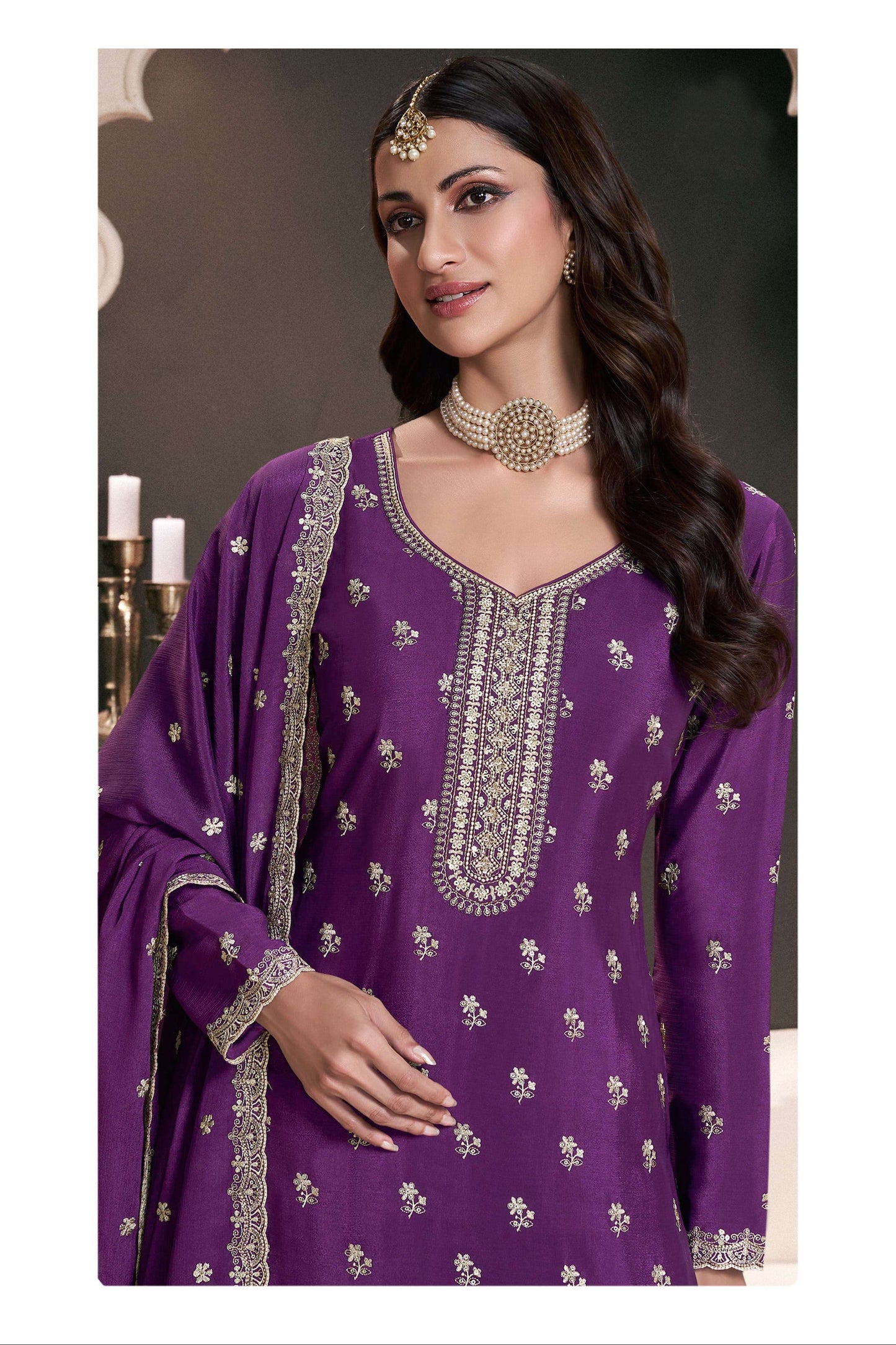 Designer Chinon Embroidered Palazzo Suit In Royal Purple With Thread Work