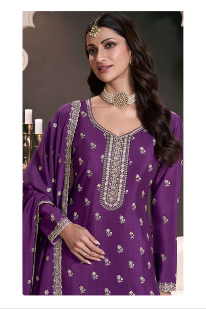 Designer Chinon Embroidered Palazzo Suit In Royal Purple With Thread Work