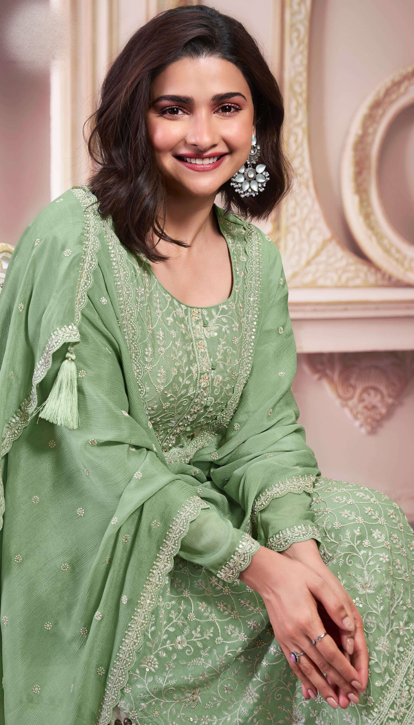 Pistachio Green Banarasi Silk Salwar Kameez Embroidery Chinon Work For Indian Weddings