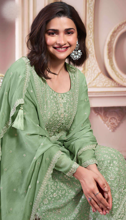 Pistachio Green Banarasi Silk Salwar Kameez Embroidery Chinon Work For Indian Weddings