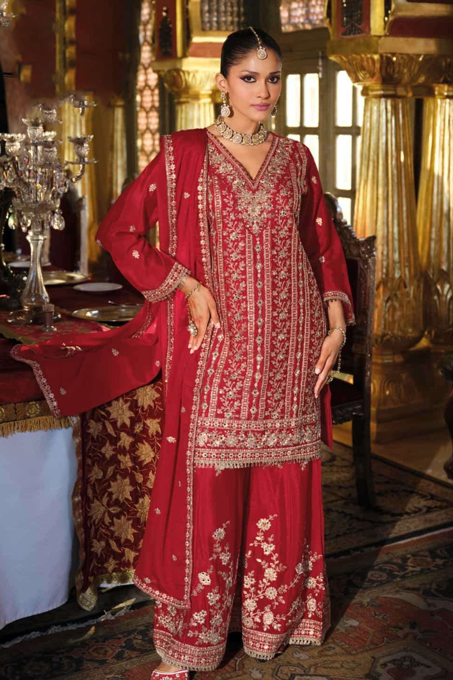 Designer Salwar Kameez Sharara Set With Intricate Embroidery Work - Front View