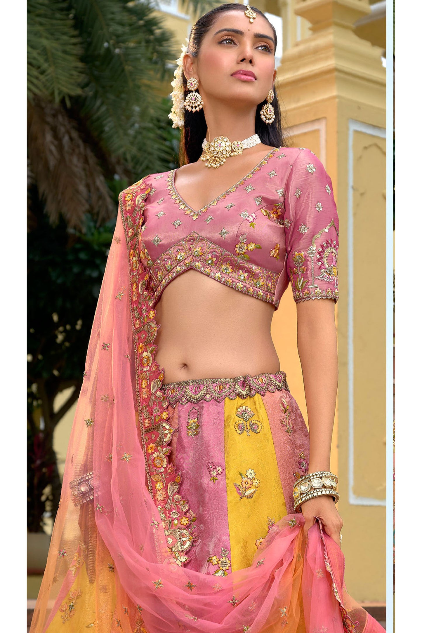 Beautiful Pink Lehenga Choli Set With Embroidered Blouse And Net Dupatta For Indian Weddings
