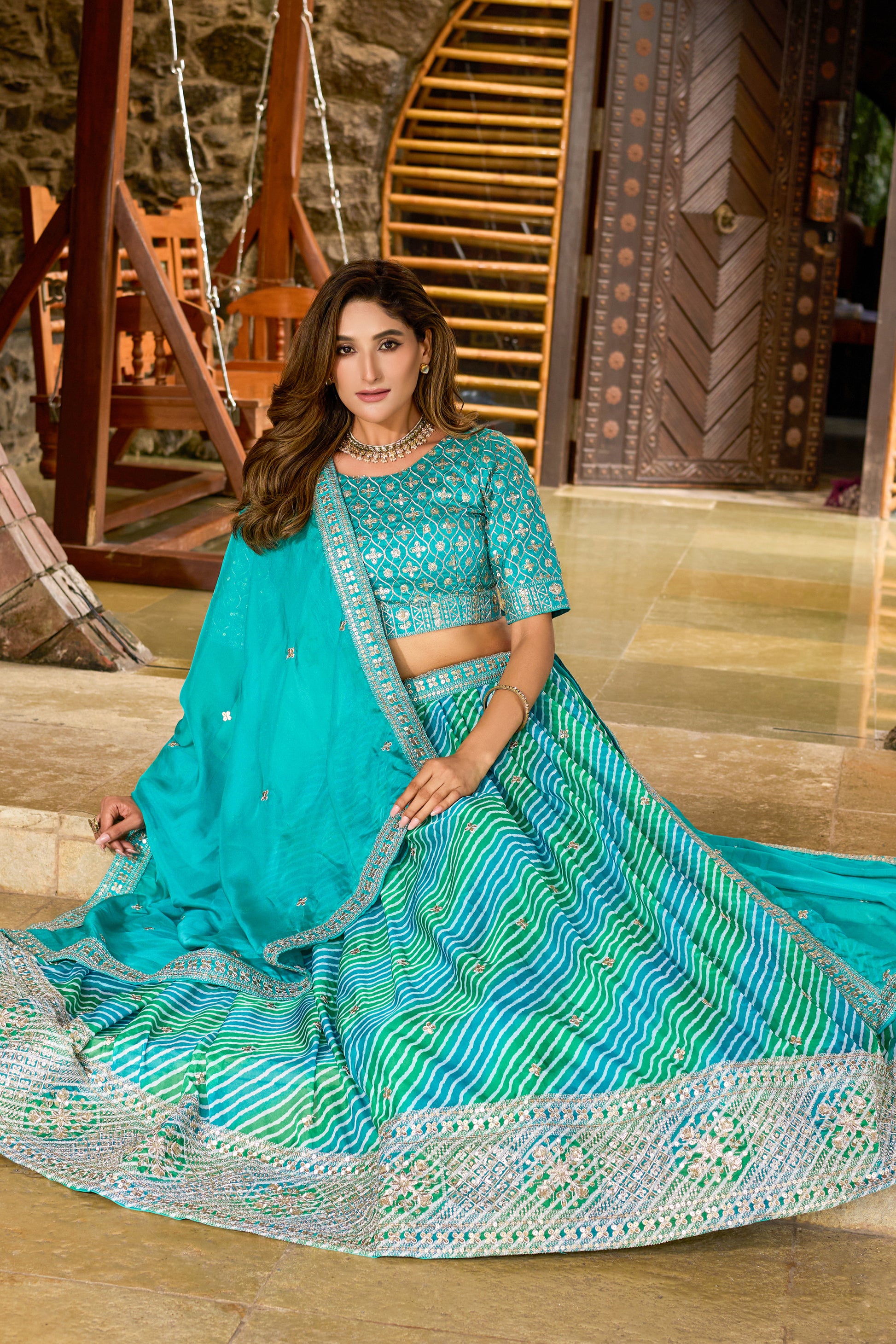 Turquoise Blue Wedding Lehenga With Tabby Silk Fabric