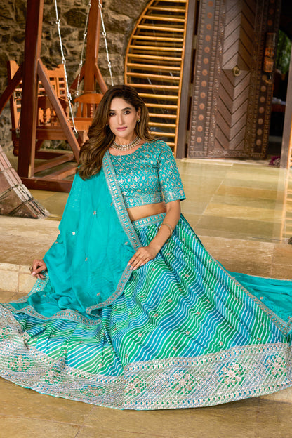 Turquoise Blue Wedding Lehenga With Tabby Silk Fabric