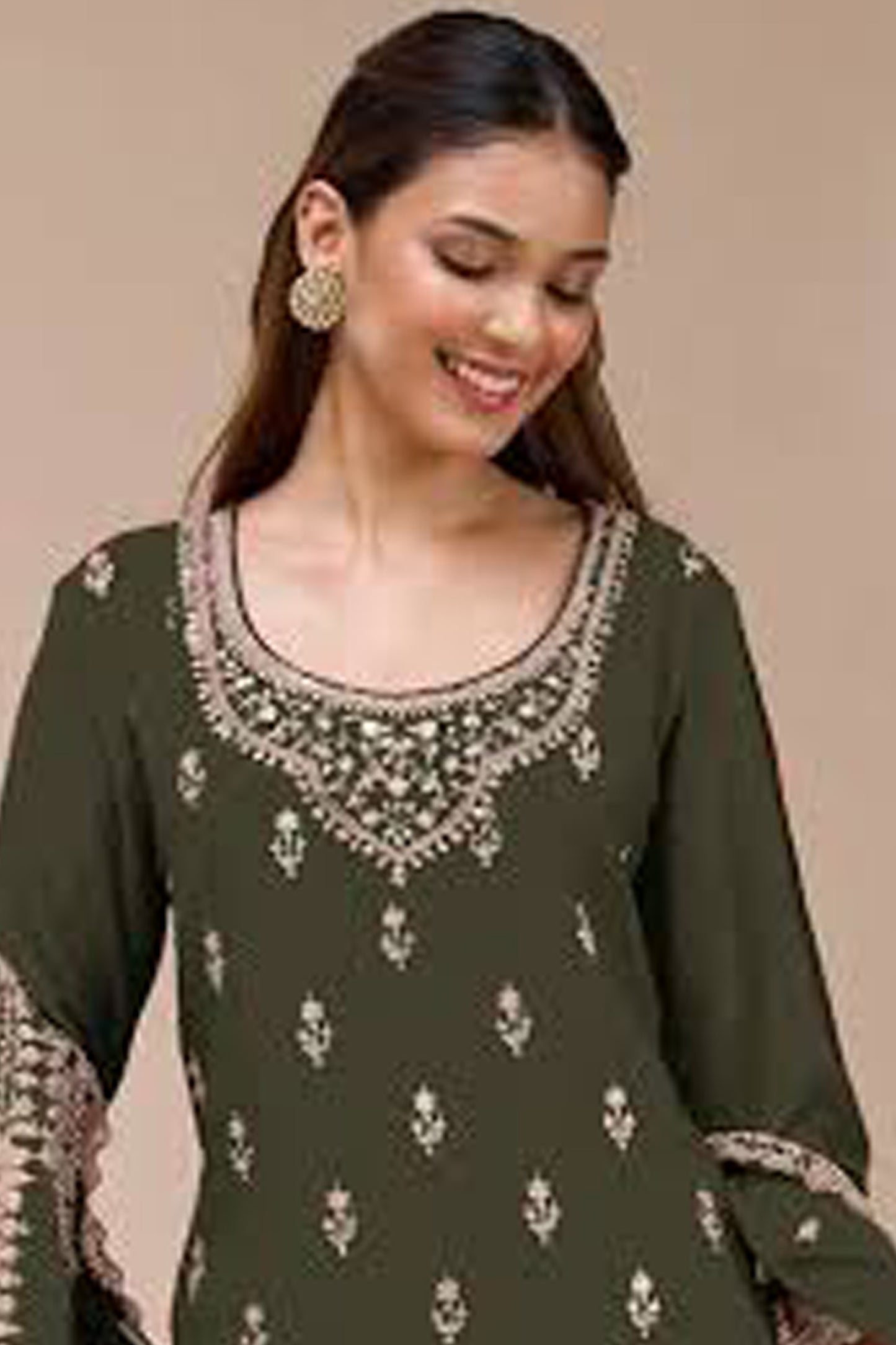 Heavy Embroidery Work Detail On Blooming Georgette Palazzo Suit - Close Up