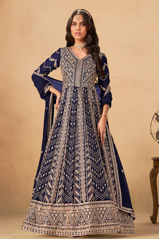 Navy Blue Pakistani Anarkali Gown With Heavy Embroidery For Weddings And Festivals