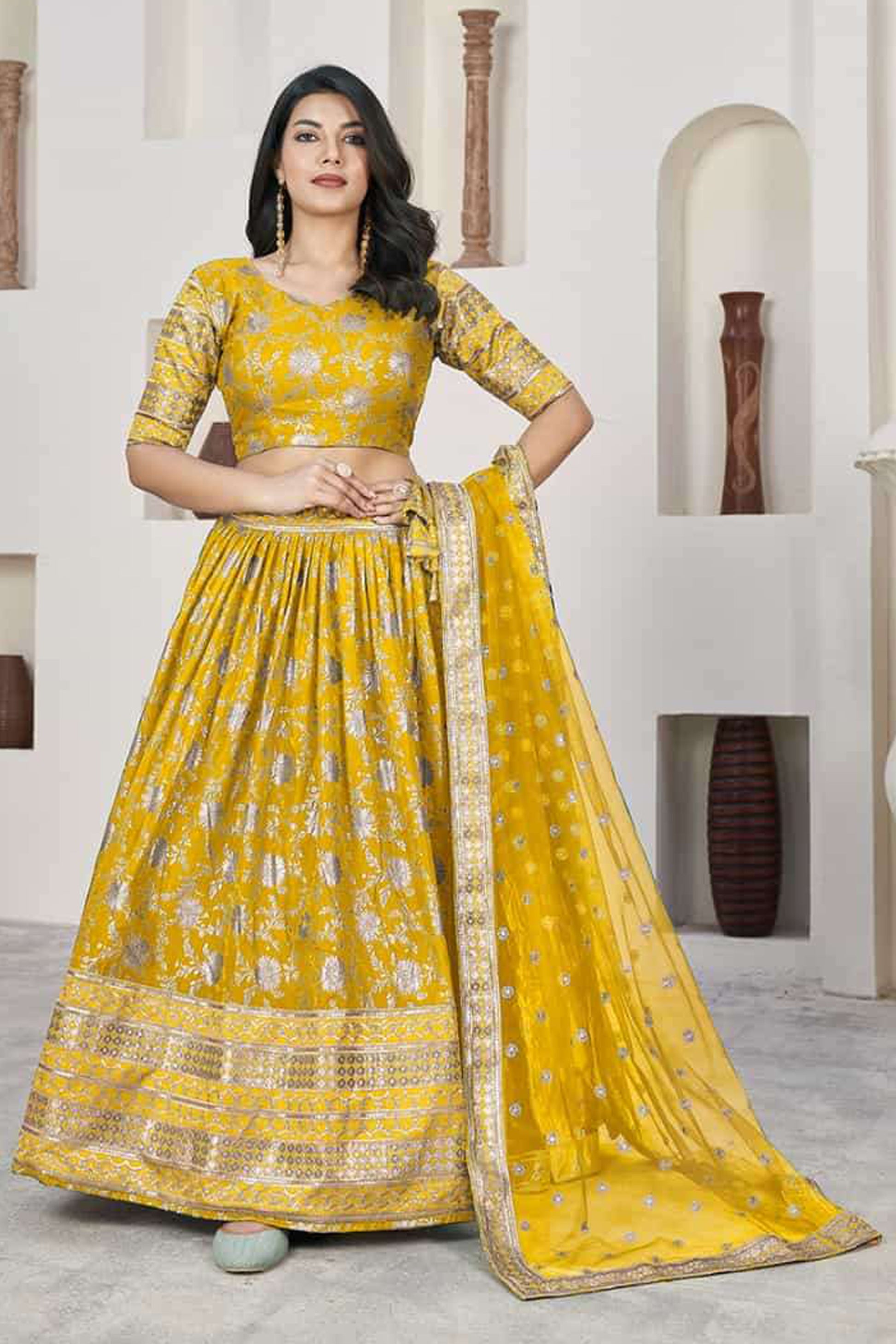Yellow Designer Lehenga Choli - Sequin Embroidery Wedding Outfit 