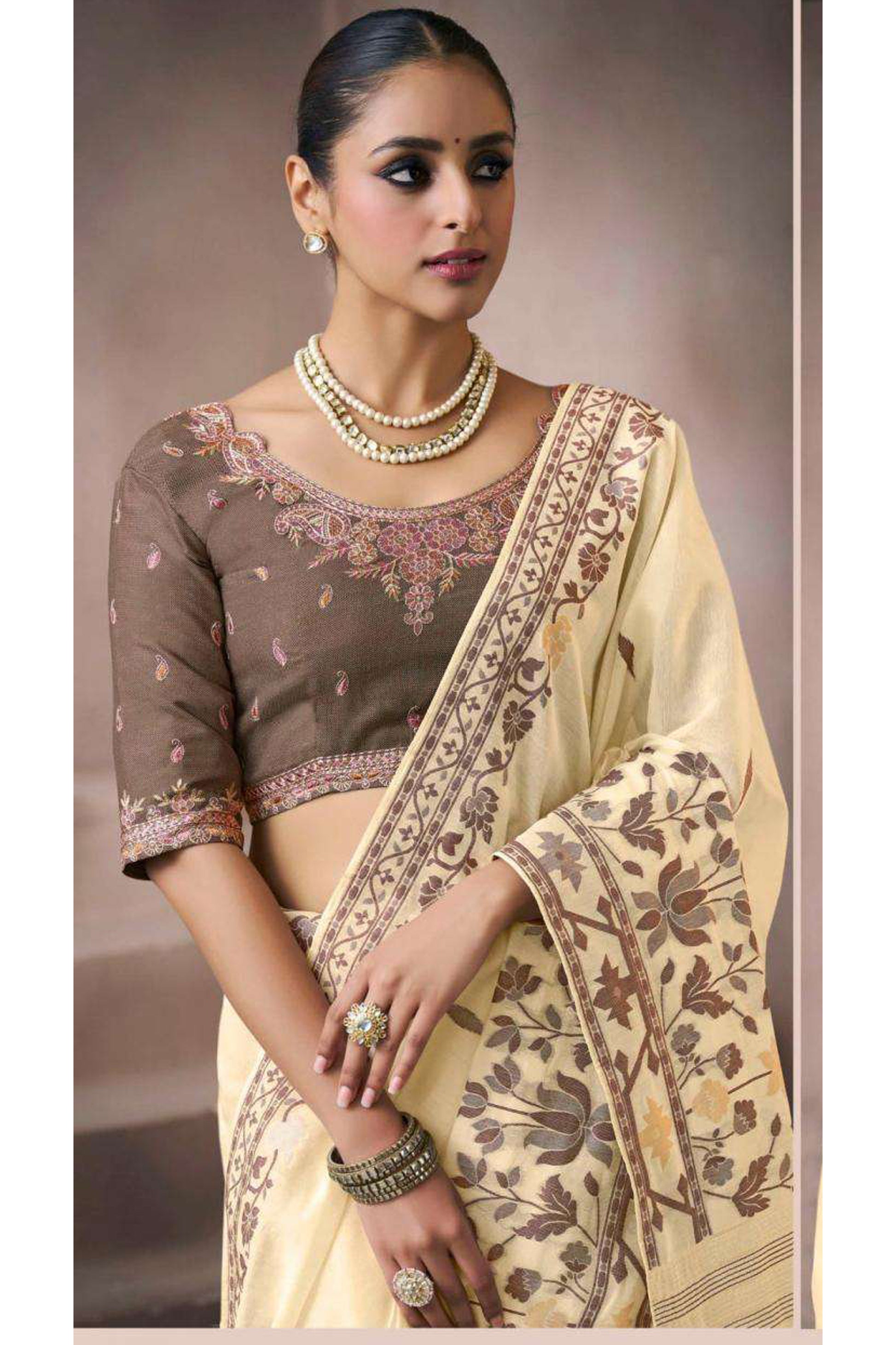 Beige Viscose Cotton Saree With Sequin Embroidery Work Detail