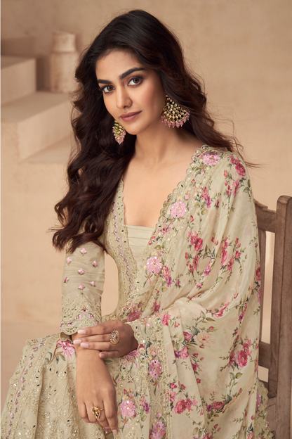Floral Printed Beige Designer Palazzo Suit