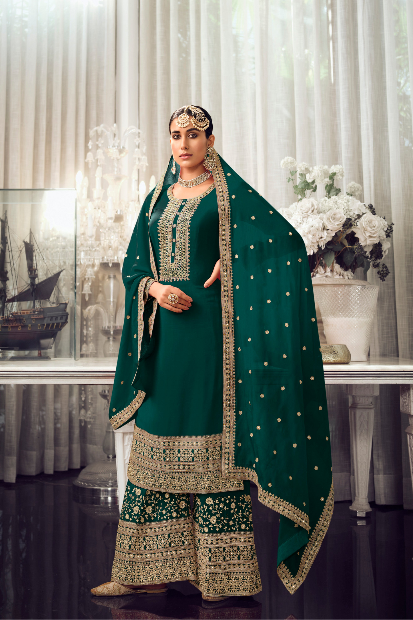 Green Traditional Designer Readymade Palazzo Suit 