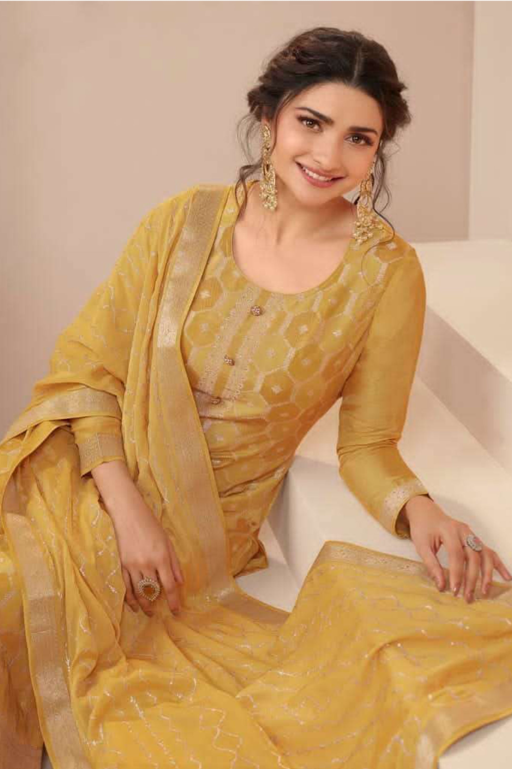 Golden Yellow Salwar Kameez Back View Showing Embroidery Detail and Dupatta Draping