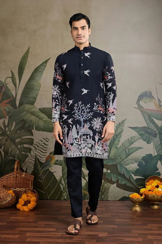 Elegant Navy Blue Color Viscose Silk Kurta Set For Man Real Mirror Work With Matching Pant