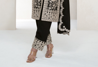 Black Silk Fabric Salwar Kameez With Embroidery Exclusive For USA

