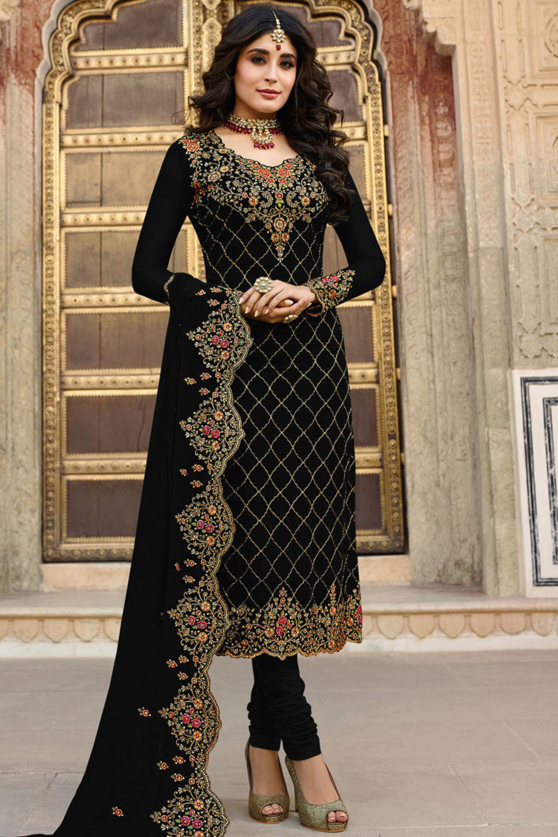 Black Stone Work Plus Size Traditional Salwar Kameez For Parties