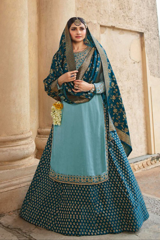 Blue Silk Jacquard Lehenga With Matching Dupatta For Wedding And Party Wear
