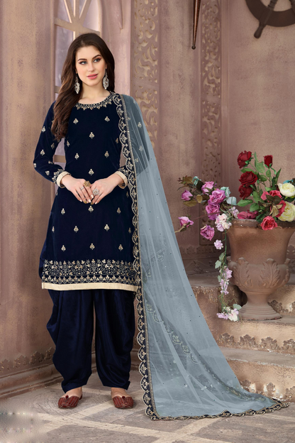 Ethnic Party Wear Heavy Embroidery Stone Work Velvet Patiala Dupatta Suits