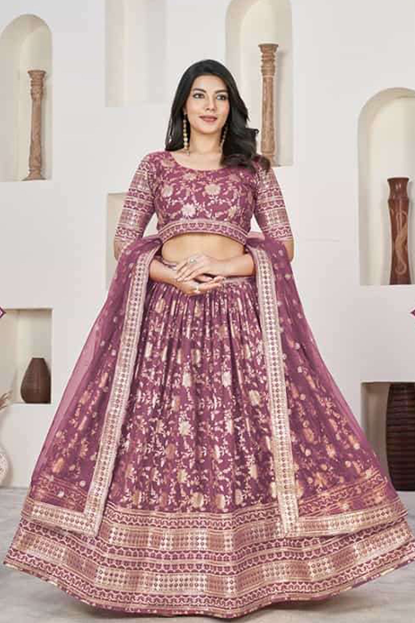 Rose Gold Designer Lehenga Choli With Sequin Embroidery Work - Indian Wedding Outfit For Women USA