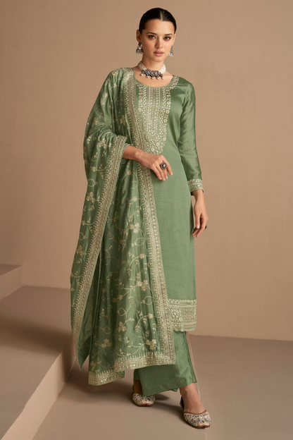 Bollywood Style Pista Green Embroidered Kashmiri Salwar Kameez Pant