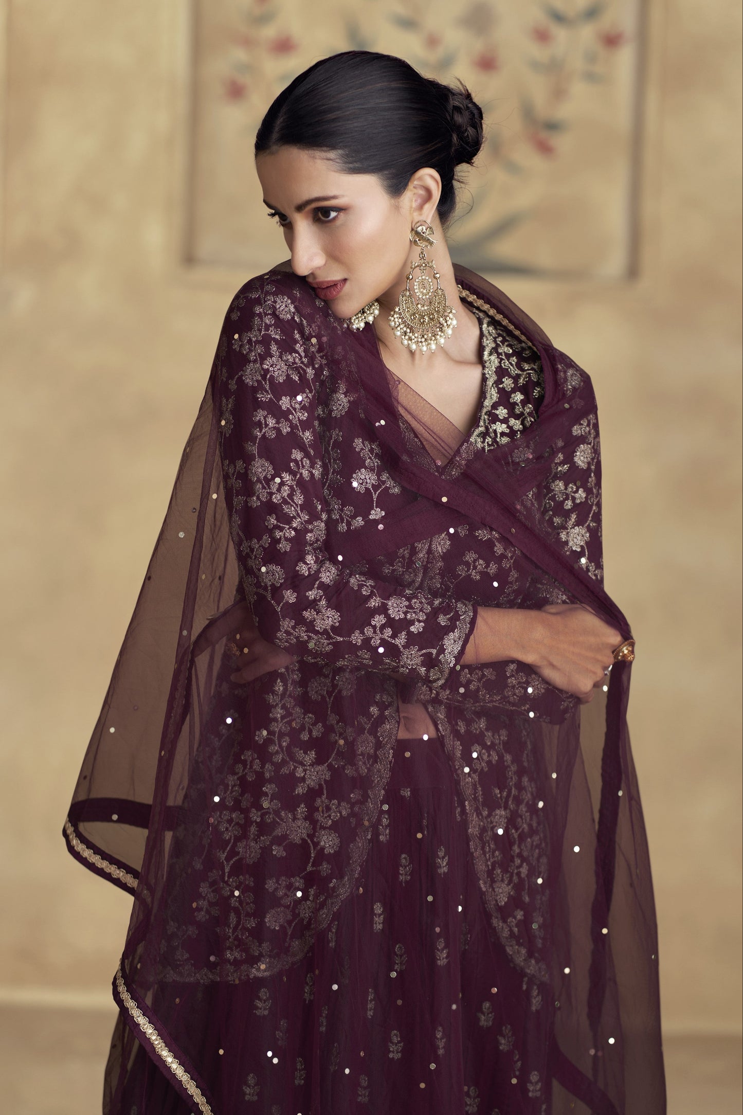 Bridal Anarkali Dress Beautiful Embroidery Worked Wine Long Gown Dupatta Suit